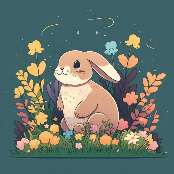 a rabbit sitting in the grass surrounded by flowers and butterflies.