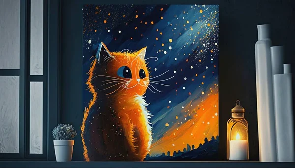 a painting of a cat sitting on a window sill.