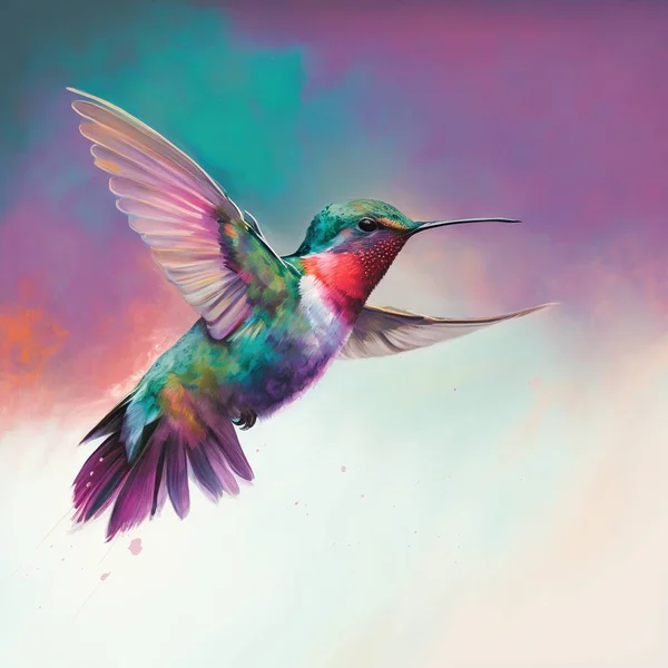 a colorful hummingbird flying through the air with its wings spread.