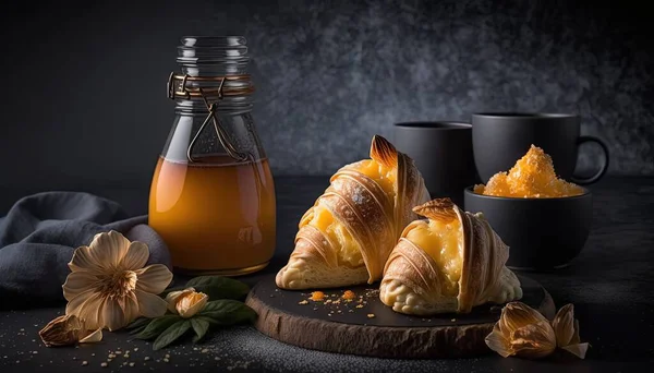 a table topped with pastries and a bottle of honey.