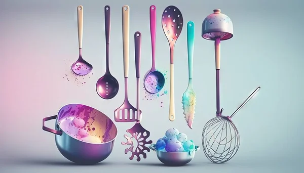 a variety of kitchen utensils and spoons are shown.