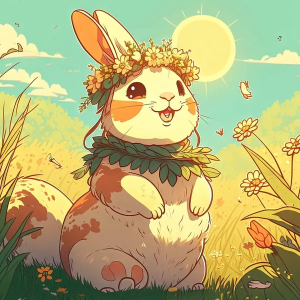 a cartoon bunny sitting in the grass with a wreath on its head.