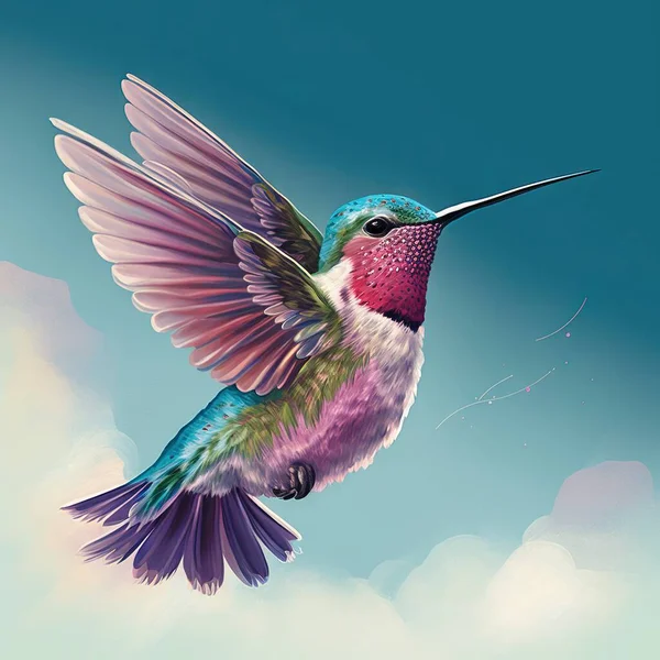 a hummingbird flying through the air with its wings spread.