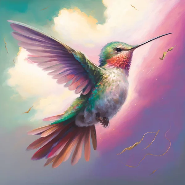 a painting of a hummingbird flying in the air with its beak open.