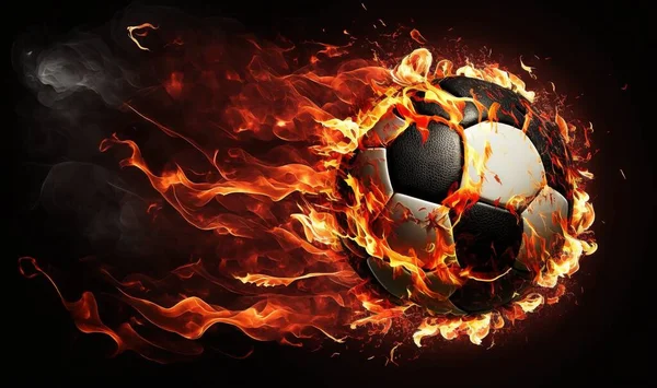 a soccer ball in the middle of a fire filled field.