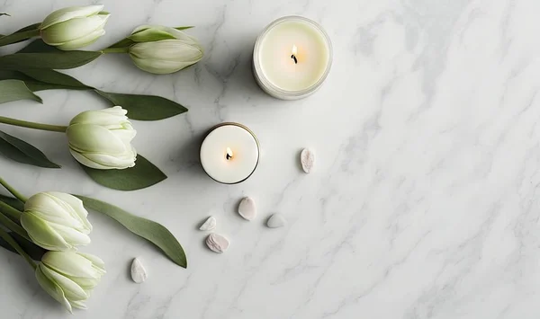 a marble table with two white candles and two white tulips.