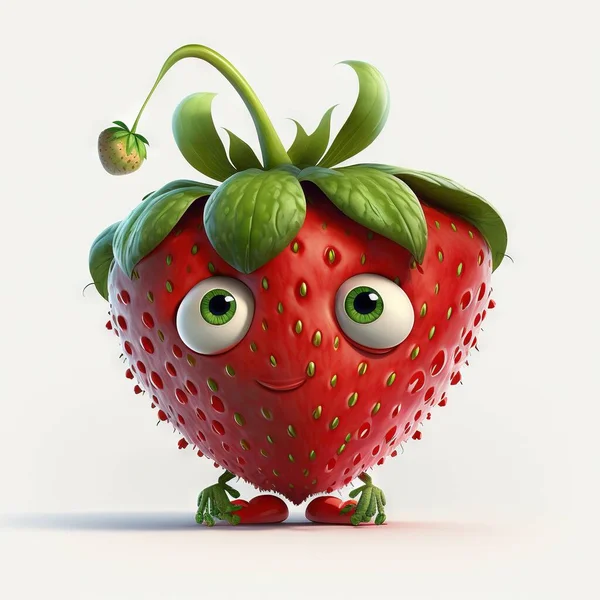a cartoon strawberry with eyes and a nose with a green leaf on top of it.