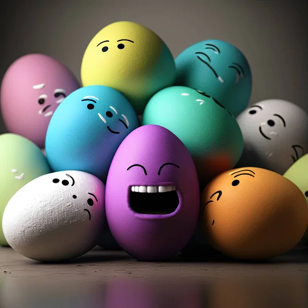 a pile of eggs with faces drawn on them and a smiley face painted on them.