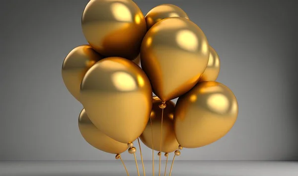 a bunch of gold balloons floating on a gray background with a shadow.