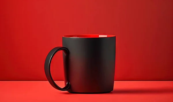a black and red coffee mug sitting on a red surface.