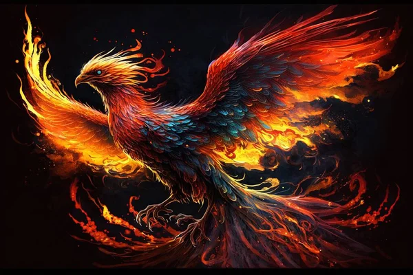 a colorful bird flying through the air with flames on it's wings.