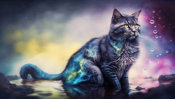 a painting of a cat sitting in the water with bubbles.