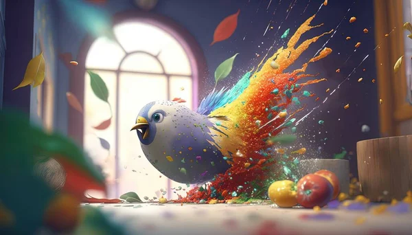 a colorful bird is flying through a room with a window.