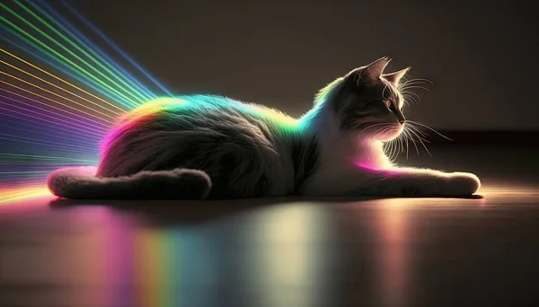 a cat sitting on the floor with a light shining through it.