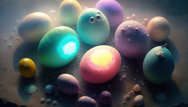 a group of eggs with eyes and eyes painted on them.
