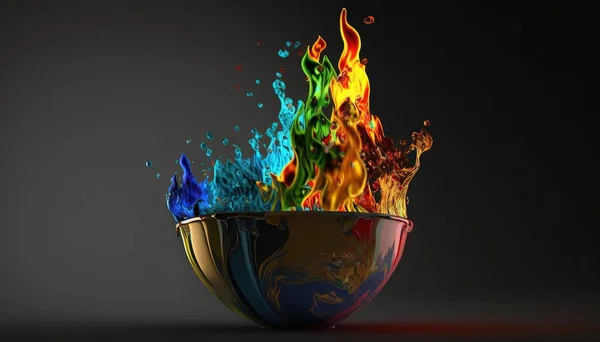 a colorful bowl of fire and water on a black background.