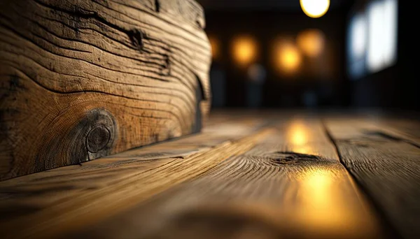a close up of a wood floor with a light shining on it and a lamp in the background with a blurry image of the floor.