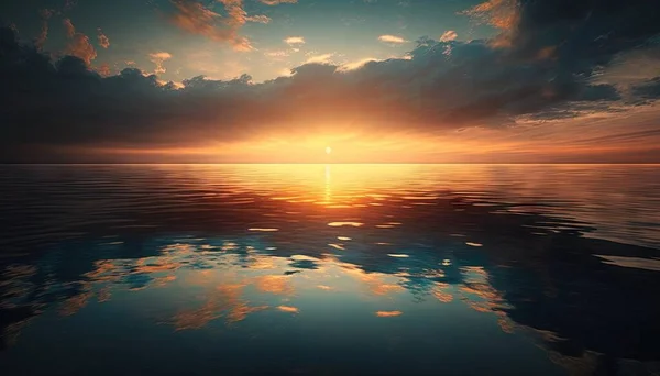 the sun is setting over the ocean with clouds in the sky and the water reflecting off the surface of the water and the sky is reflecting off the water.