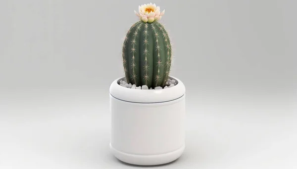 a small cactus in a white pot with a white flower in it\'s top right of the pot is a white background with a light gray background.