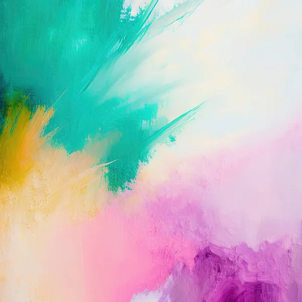 an abstract painting of a green, pink, yellow and blue color scheme on a white background with a black border and a white border.