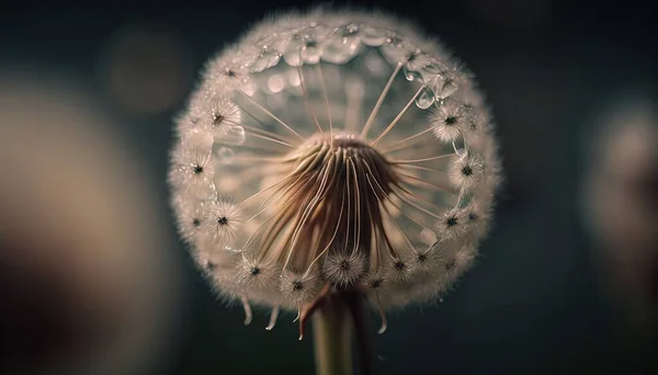 a close up of a dandelion with drops of water on it\'s petals and a blurry background of the dandelion.