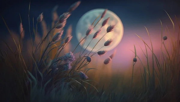 a painting of a full moon in a field of tall grass with purple flowers in the foreground and a full moon in the background.