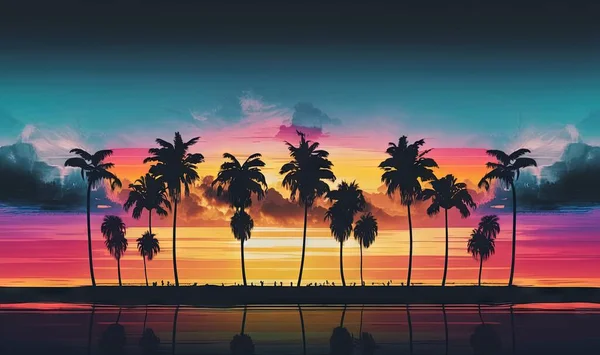 a painting of a sunset with palm trees in the foreground.