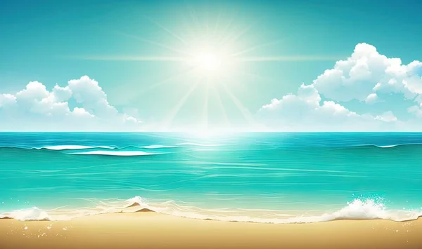 a beach scene with the sun shining over the water and clouds.
