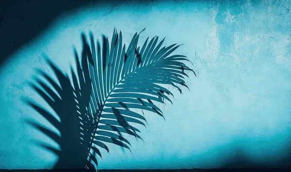 a shadow of a palm leaf on a blue wall with a bird.