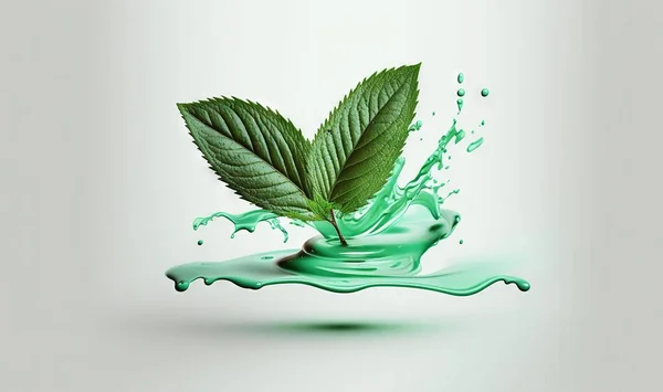 a green leaf is splashing water on a white background.