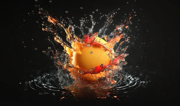 an orange splashing into the water on a black background.
