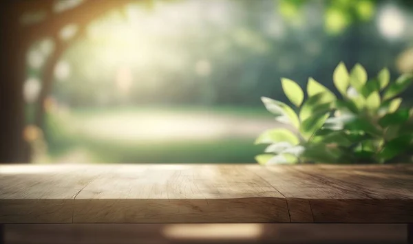a wooden table with a blurry background of a park.