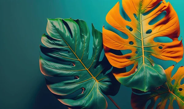 a couple of green and yellow leaves on a blue background.