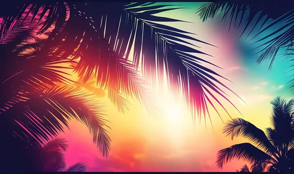 a tropical sunset with palm trees in the foreground and a colorful sky in the background.