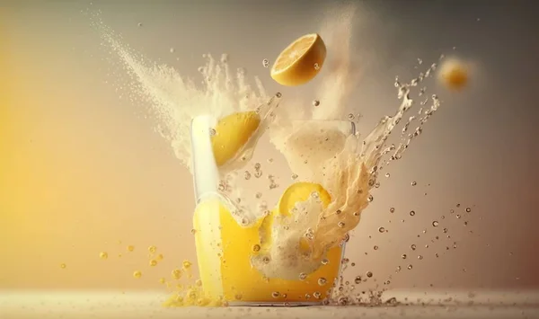 a splash of orange juice into a glass with a slice of lemon.