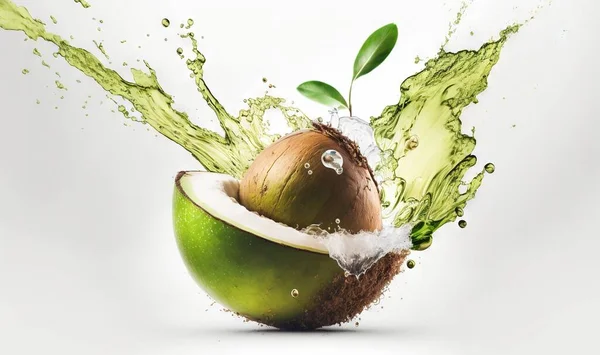 a green apple with a splash of water on top of it.