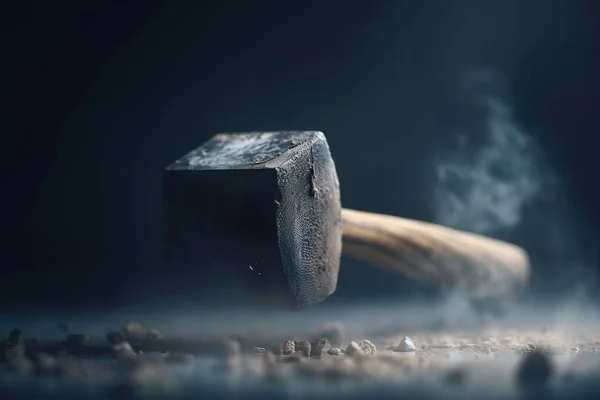 a hammer hitting a rock with smoke coming out of it.