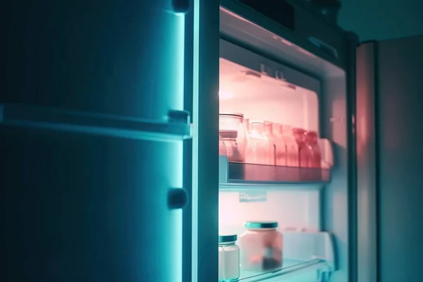 a refrigerator door is open and it is glowing blue and red.