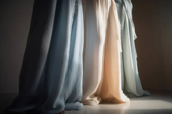 a row of sheer curtains in a room with sunlight coming through them.