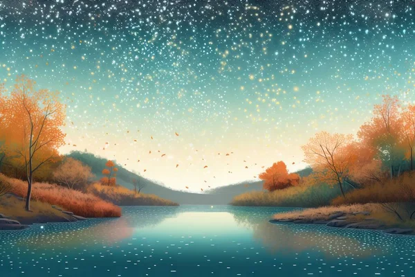 a painting of a river with trees and stars in the sky.