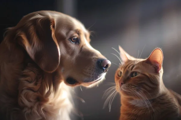 a dog and a cat looking at each other in the same direction.
