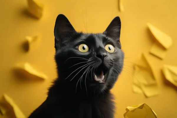 a black cat with its mouth open and a yellow background.