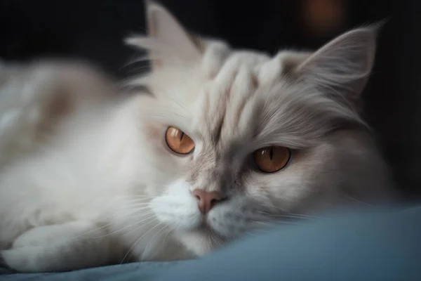 a white cat with orange eyes laying on a bed looking at the camera.