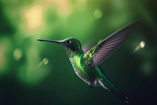 a hummingbird flying through the air with a blurry background.