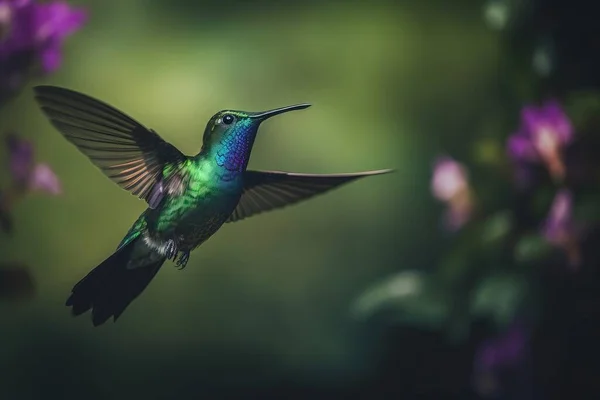 a hummingbird flying in the air with its wings spread.