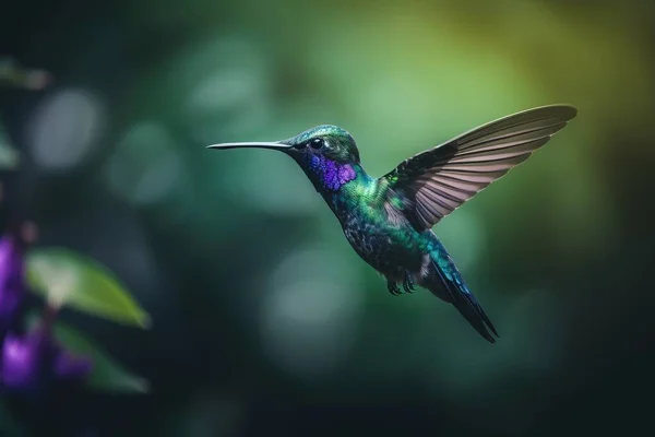 a hummingbird flying in the air with a blurry background.