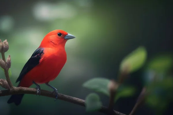 a small red bird perched on a branch of a tree.