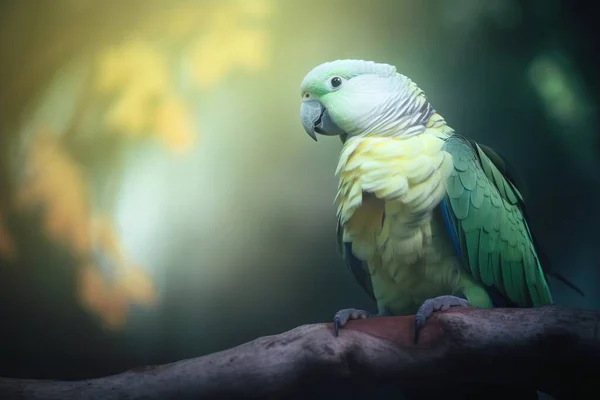 a green and yellow parrot sitting on a persons hand in the dark.