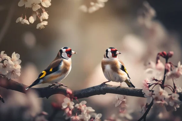 two birds sitting on a branch of a blossoming tree.