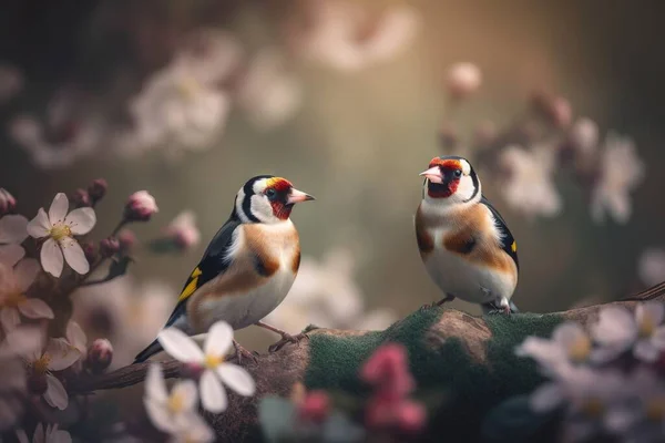 two birds sitting on a branch with flowers in the background.